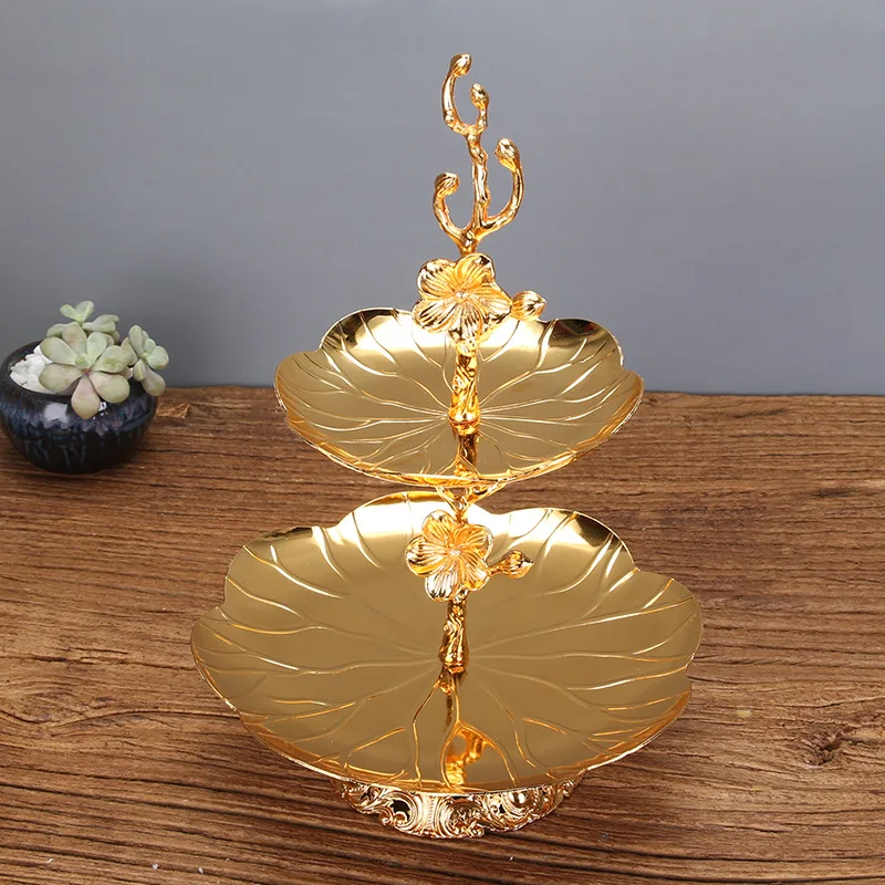

2 Layer Storage Tray Luxury Metal Jewelry Display Plate Home Party Wedding Fruit Dessert Cake Plate Nuts Snack Tray Table Decor