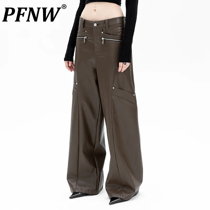PFNW Spring Autumn New Men's Pu Leather Straight Wide Leg Pants Stylish Vintage Streetwear Zipper Leisure Niche Trousers 28A1517