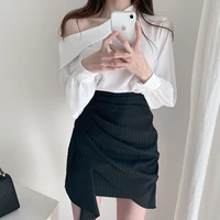summer high waist pleated women slim stripe elegant skirts korean design female vintage irregular sexy all match pencil skirts