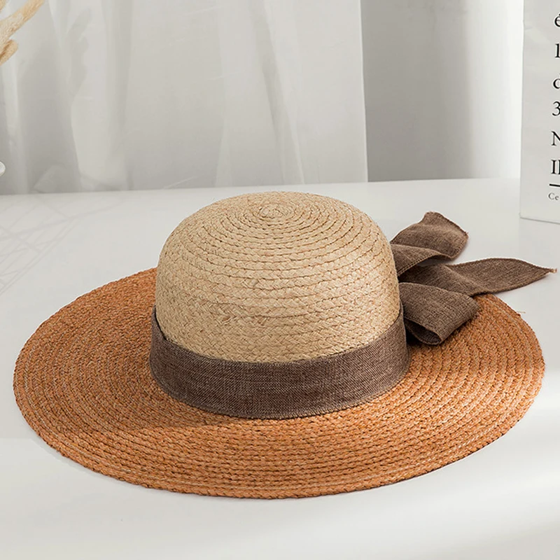 

Fashion Women's Summer Straw Hat for Ladies Outing Bow Dome Sun Beach Hat for Girls Wide Brim UV Protection Visor Fedora Hats