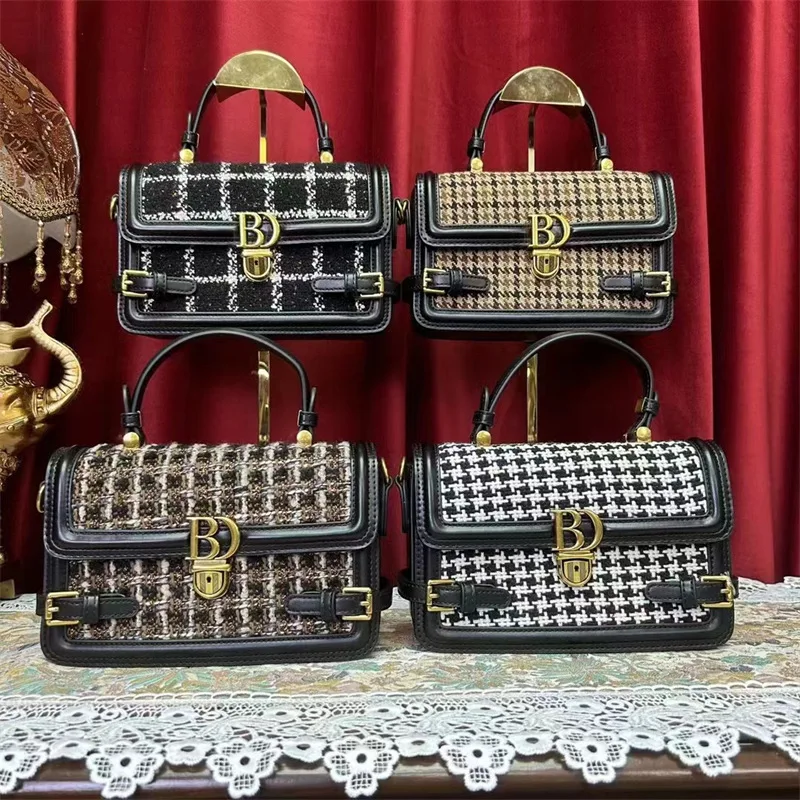Luxury Thousand Birds Plaid Lock Buckle Small Square Handbag Women's Bag 2023 New Versatile One-shoulder Satchels