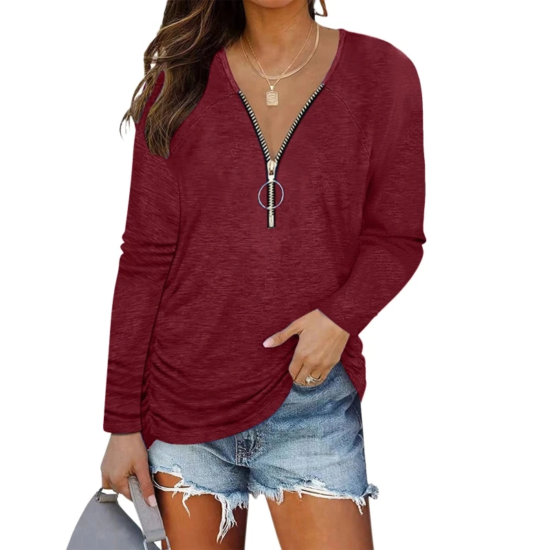 

MXMA Women Long Button Up Shirt V Neck Tunic Tops V Neck Zipper Shirt Long Sleeve