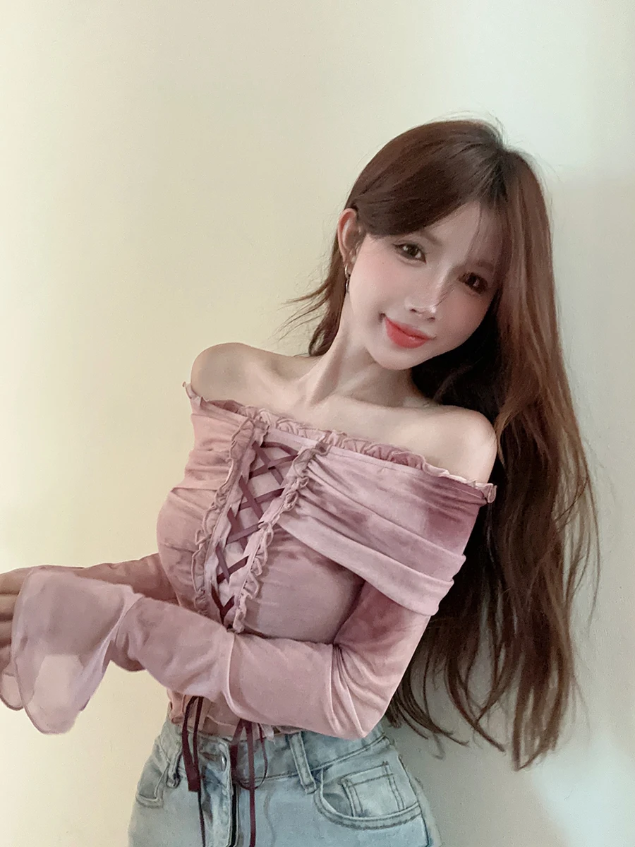 RORORIRI Grayu Desire женская футболка на одно плечо с расклешенными рукавами шнуровка