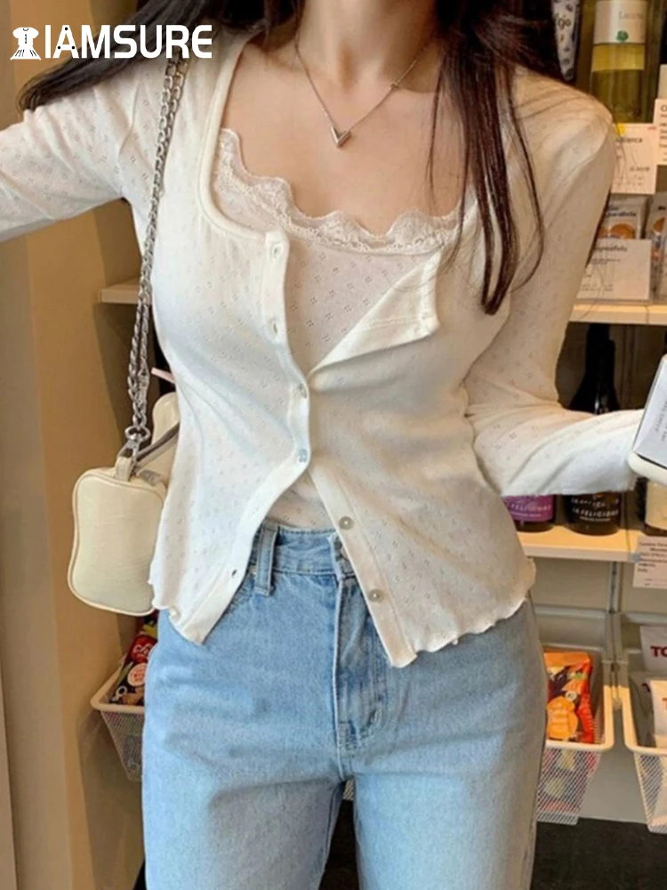 

Повседневная Однотонная футболка IAMSURE, базовый Тонкий комплект из 2 предметов, футболки с длинным рукавом, кардиганы, кружевная отделка, воротник-лодочка, топы без рукавов