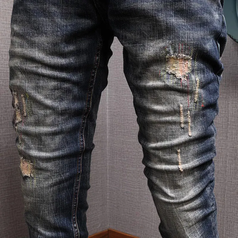Fashion Trendy Men Jeans Retro Black Blue Elastic Stretch Slim Vintage Ripped Jeans Embroidery Patched Designer Denim Pants Men