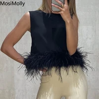 2022 trendy feathers tops tshirt women o neck sleeveless feathers vest women casual feather patchwork shirt tops tee back zipper