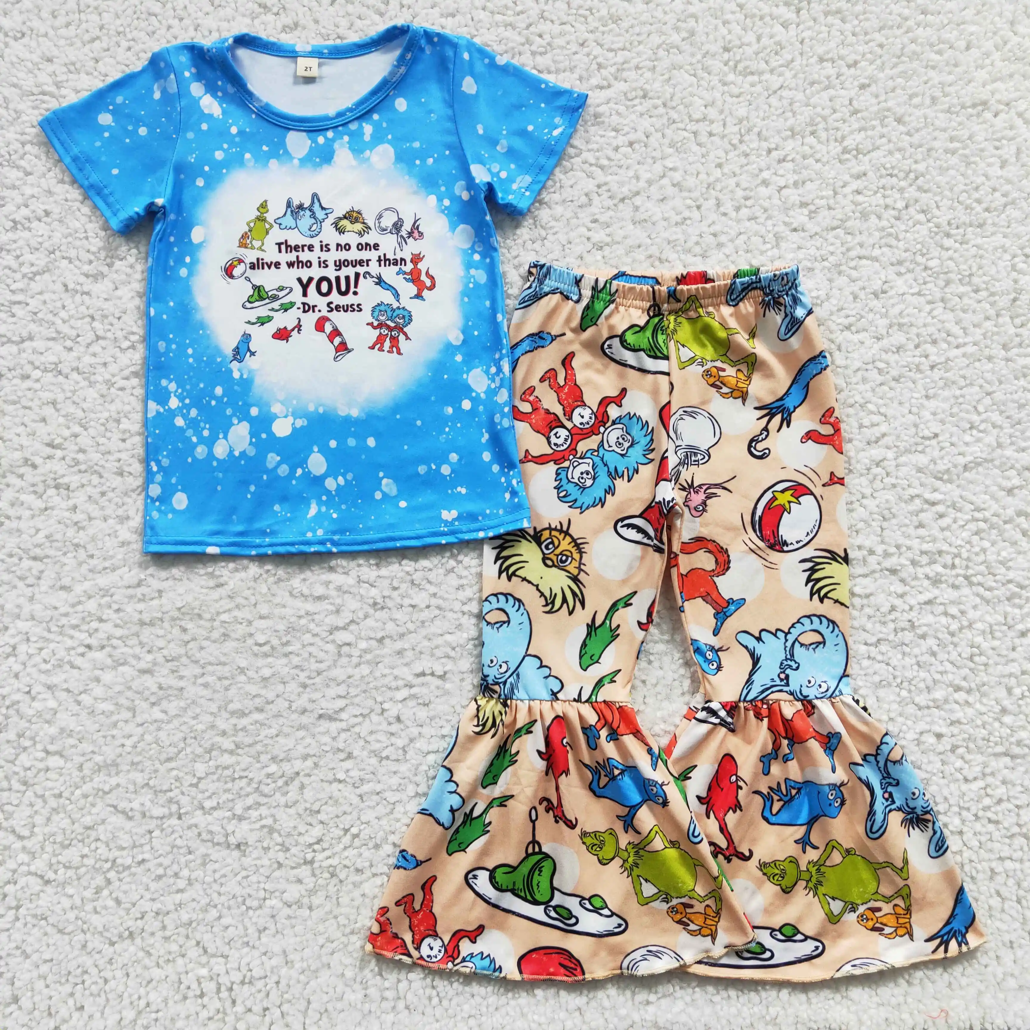 

Hot Sale RTS Cartoon Pattern Kids Bell Bottoms Suits Girls Blue Boutique Sets Baby Clothing Outfits