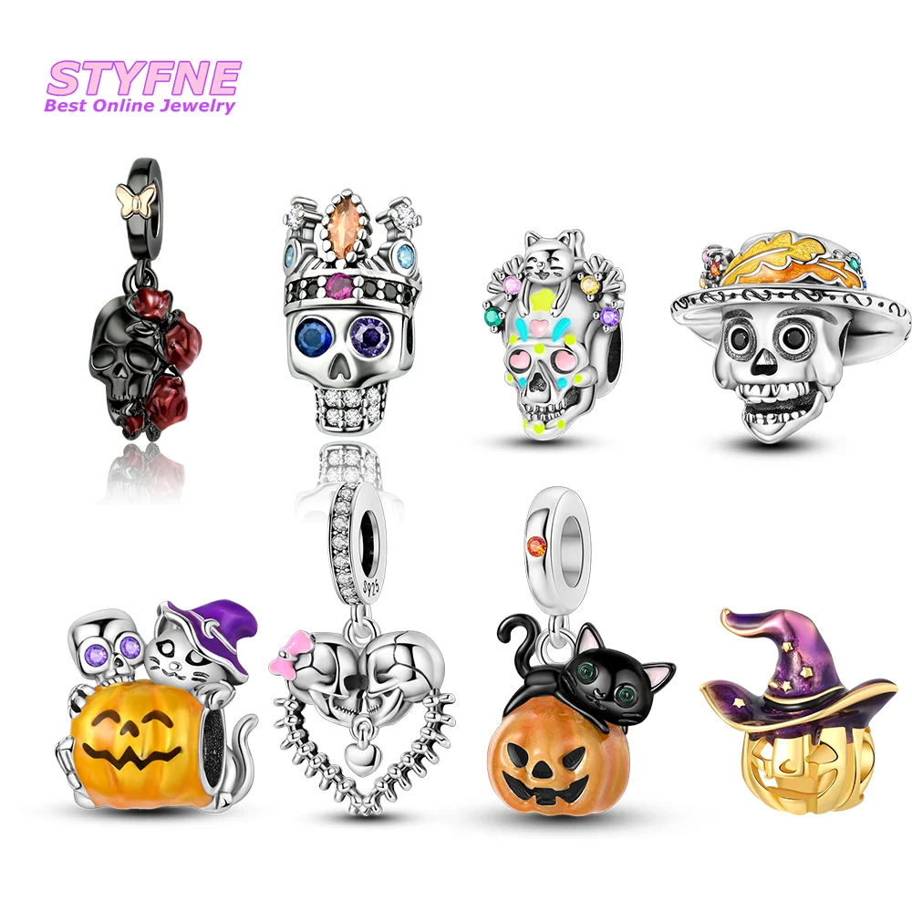 Подвески из серебра 925 пробы с бусинами в виде черепа на Хэллоуин подходят для