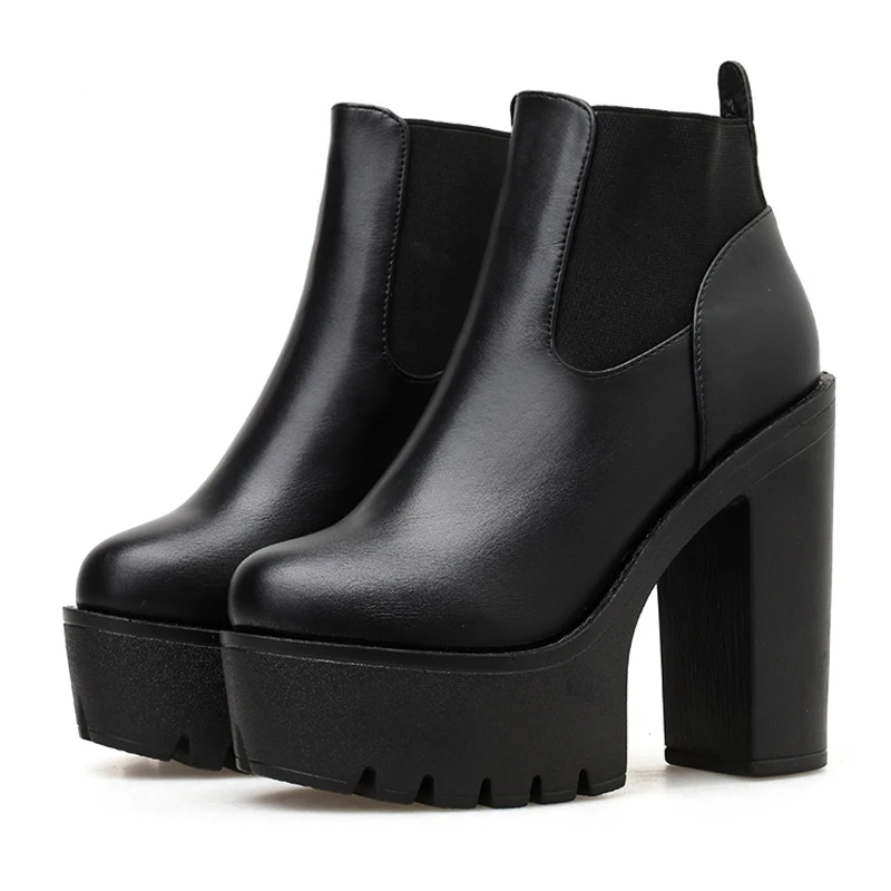 

Женские кожаные ботинки на платформе, базовые однотонные ботинки на высоком устойчивом каблуке, обувь для вечеринки, черные, весна-осень