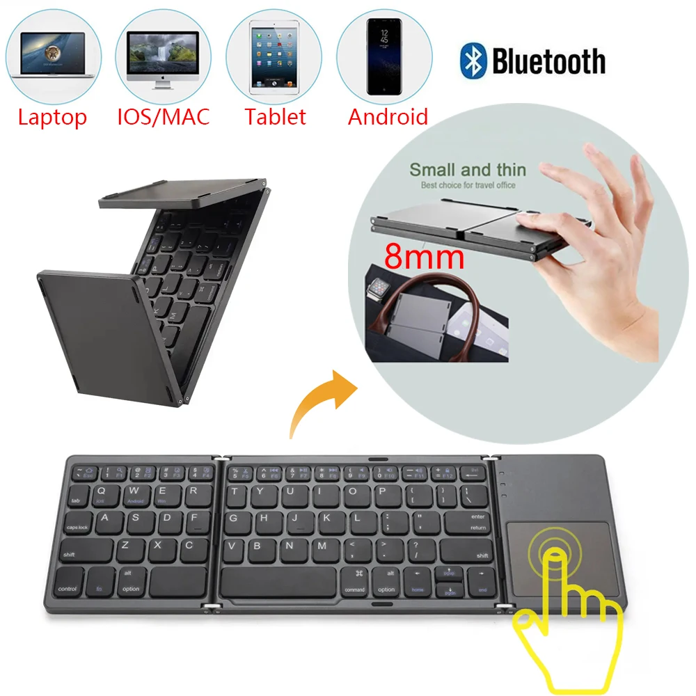 

Foldable Blue tooth Keyboard, Tri- Folding Portable Wireless Keyboards with Touchpad, USB Rechargeable BT for Android Windows Ta