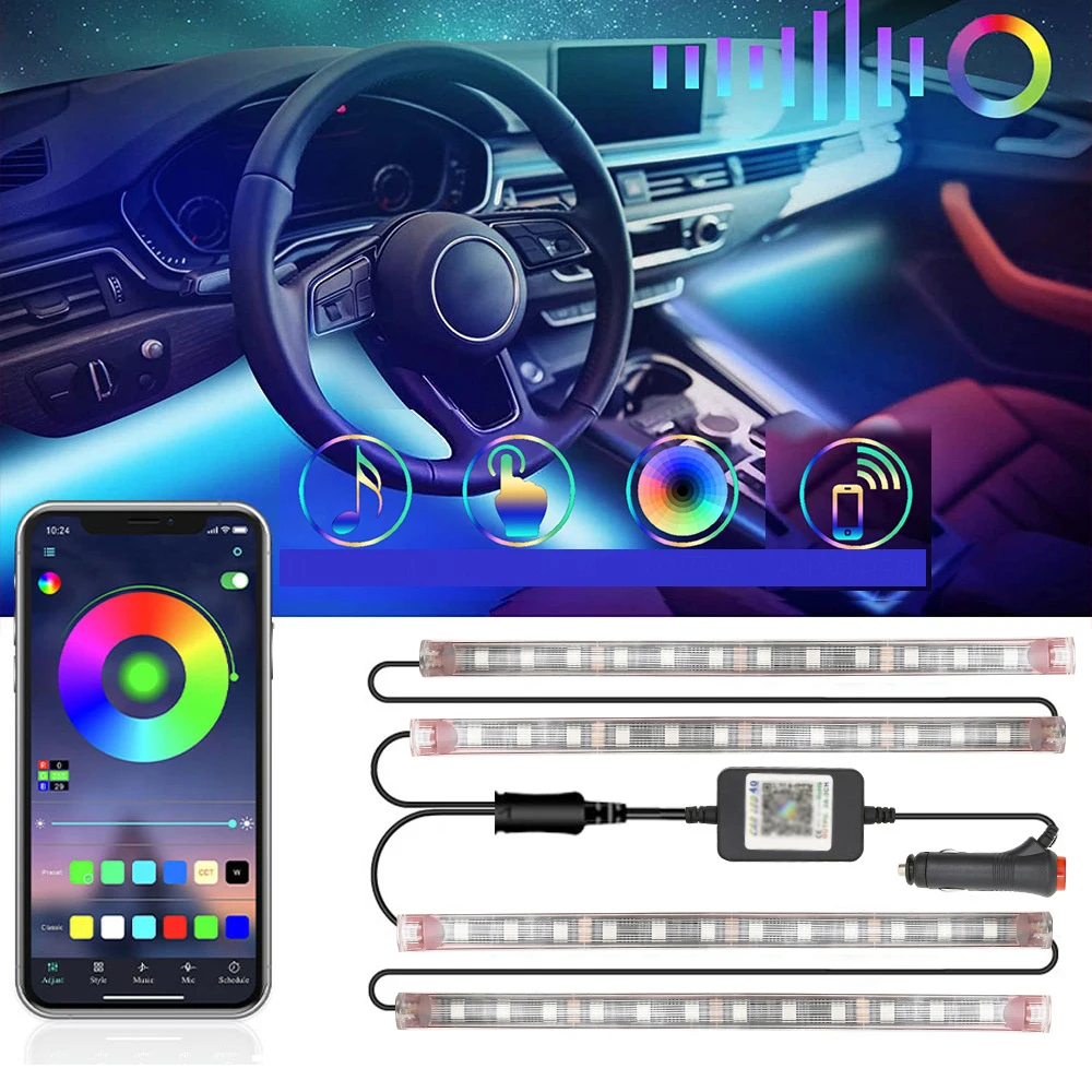 

2022 new car foot atmosphere light one drag two strings 4 light strips Symphony mobile APP multi-mode atmosphere light