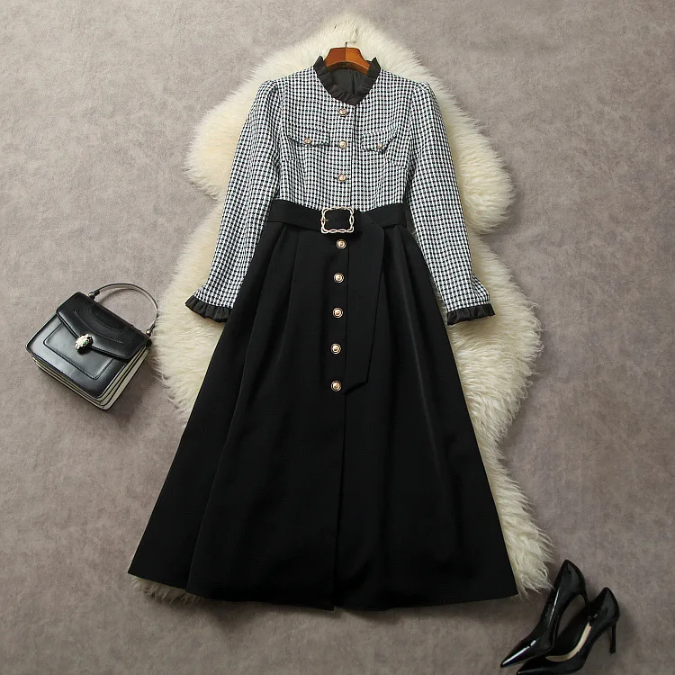 

Женская одежда в европейском и американском стиле, Новинка осени 2023, модное черное твидовое клетчатое платье в стиле пэчворк с длинным рукавом и воротником-стойкой