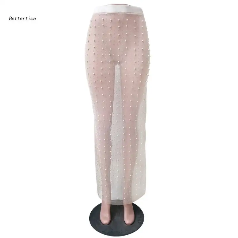 

B36D Pearls Rhinestones Beaded Sexy Sheer Mesh Maxi-Long Cover Up Skirts for Women