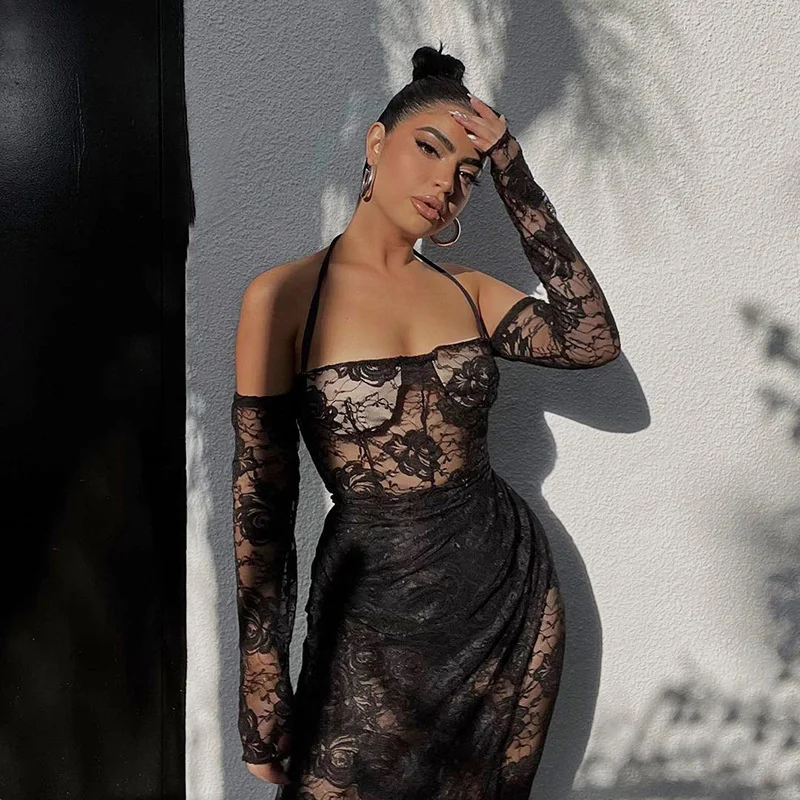 

Женская одежда Zabrina, лето 2022, сексуальные кружевные прозрачные женские костюмы с лямкой на шее, облегающие вечерние Клубные черные платья ср...