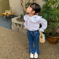 2022 summer new girls white shirts fashion children long sleeve shirts kids doll collar embroidered tops boutique clothing
