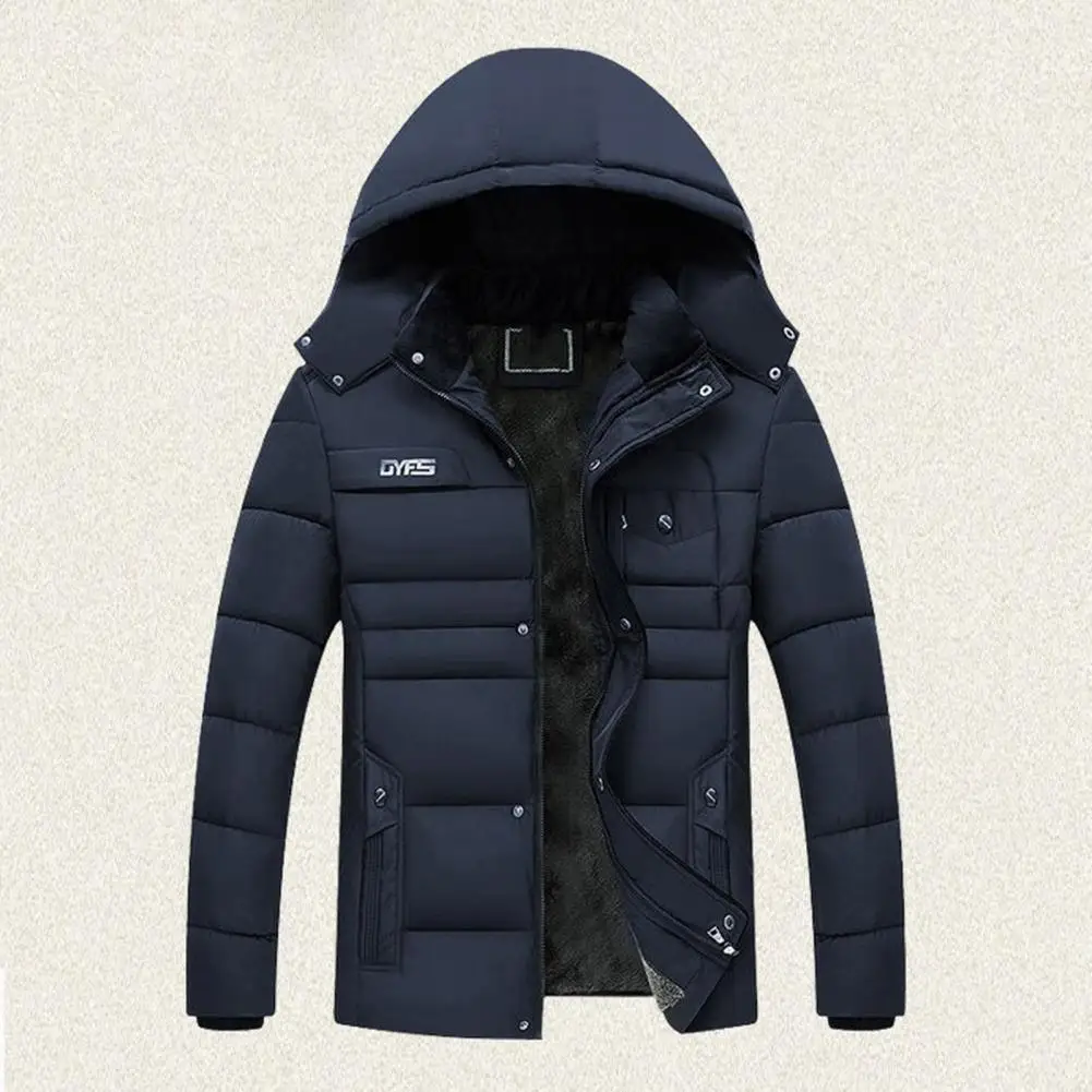 Men Hooded Coat Cotton Padded Plush Lining Solid Color Windbreaker Plus Size Cold Proof Hood Jacket Outwear Streetwear