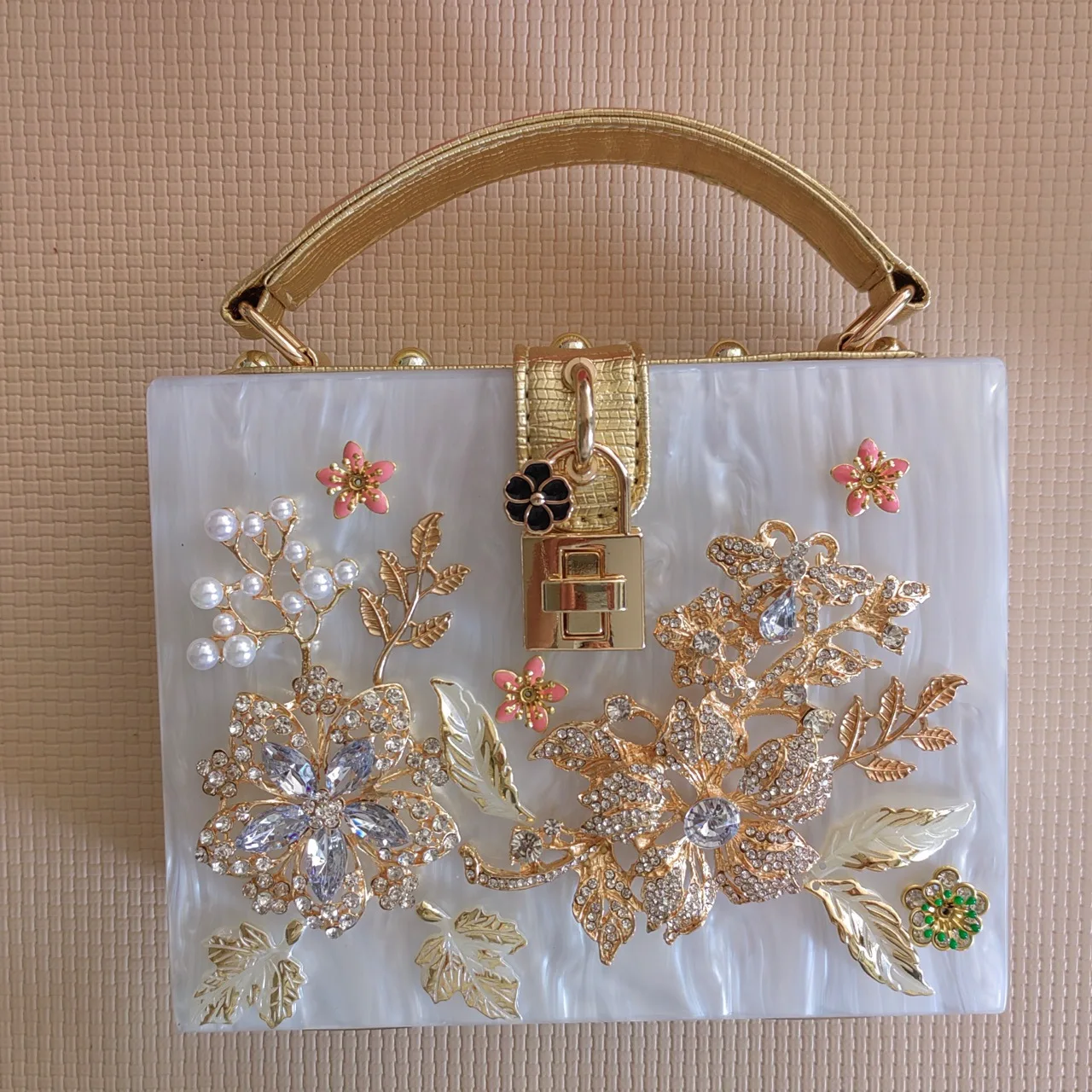 

Acrylic Evening Bag Flap Bag Floral Lock Marble Pattern Diamond Handbag Luggage Shoulder Bag A7496