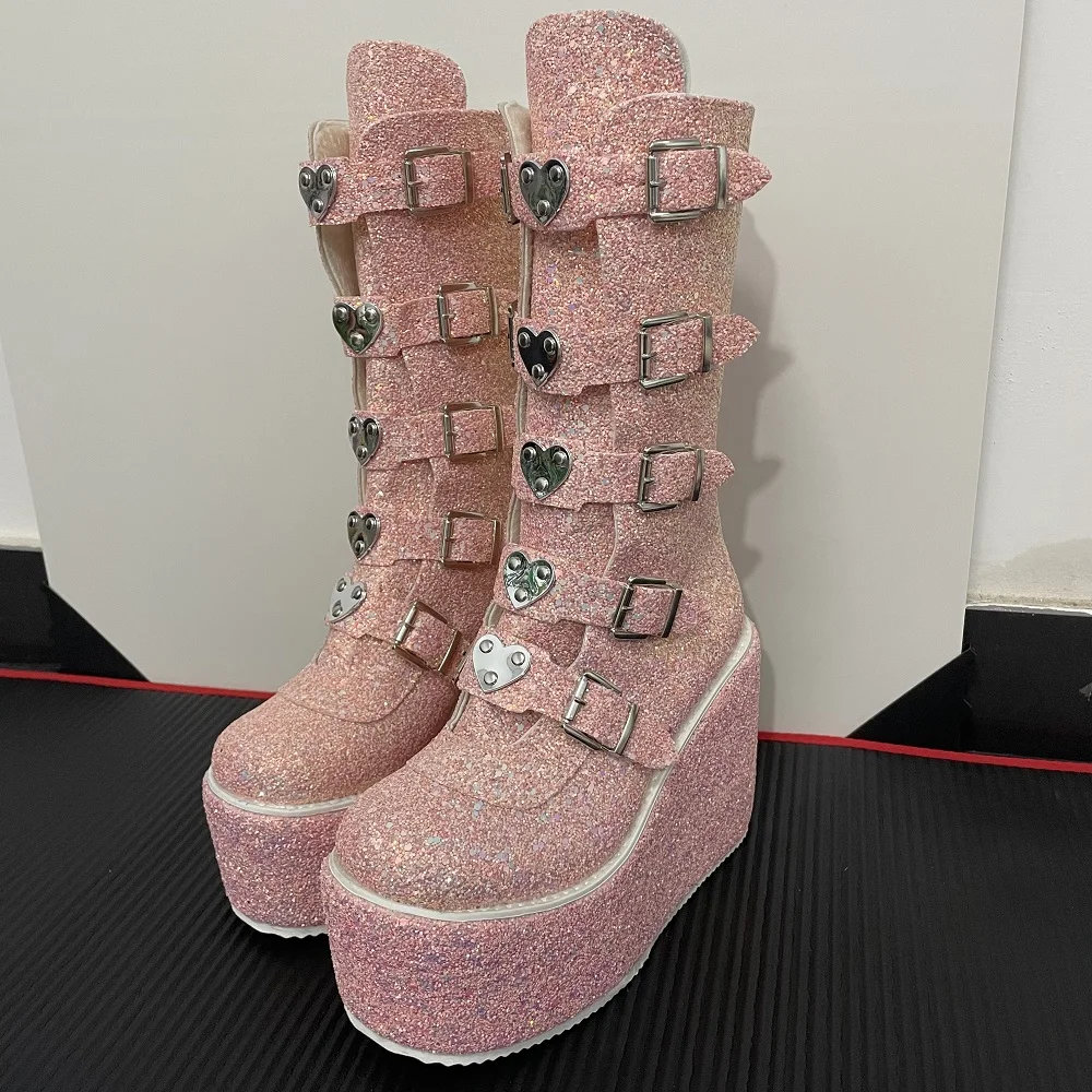 

2021 Brand Fashion Gothic Street Cool Wedges Woman Shoes Buckles Big Size 43 Glittered Pink Chunky Platform Motorcycles Boots
