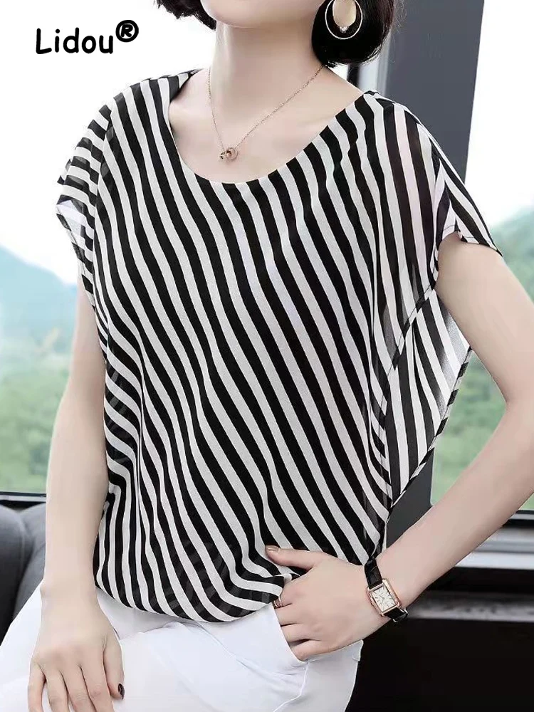 

Elegance Fashion Loose Printing Stripe Blouse Women Summer Classic Short Sleeve Color Matching Round Neck Chiffon Pullover Shirt