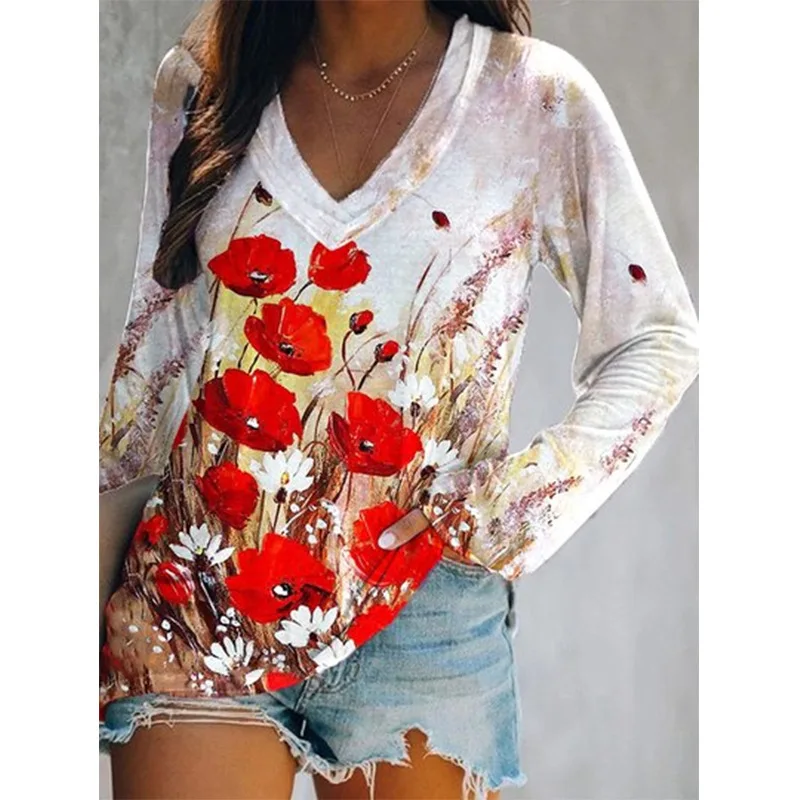 

Fashion Women Print Shirts Vintage Spring Tee Autumn Blouse Top Casual Full Long Sleeve Pullover S-5XL