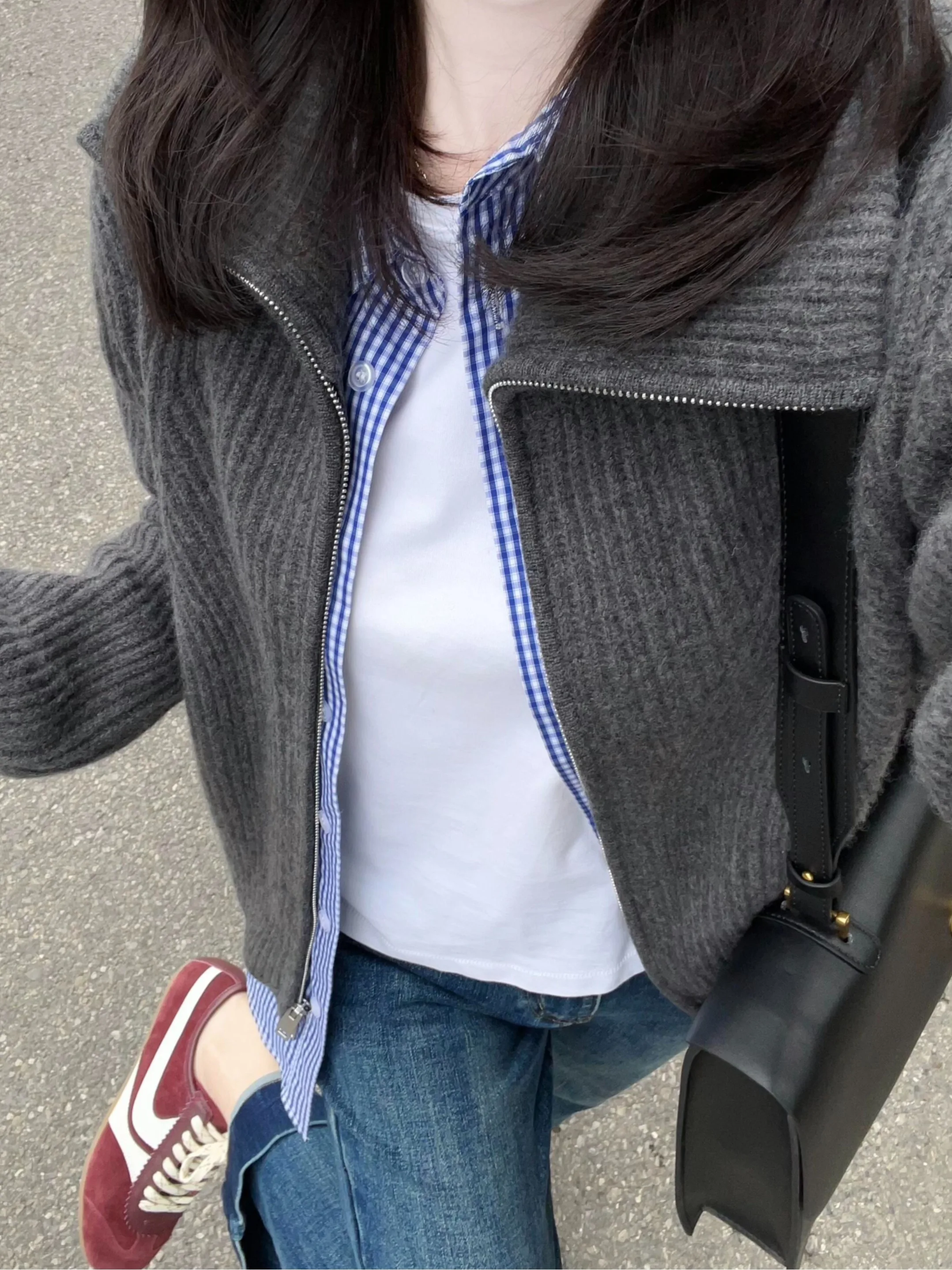 Gray Lapel Zip-up Knit cardigan Outerwear Women Autumn and Winter Long sleeve High-Grade Sense Outer Wear Loose Slimming Lazy... |