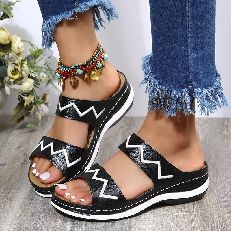 Women Slippers Retro Summer Shoes Wedge Women Sandals 2023 Simple Embroidery Platform Beach Slippers Open Toe Slip on Sandalias