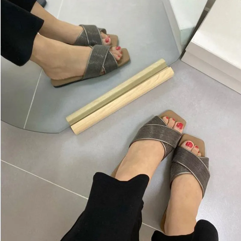 

Genuine Leather Women's Slippers Beading Square Toe Outwear Fashion Flat Bottom Sandals Summer