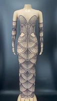 2021 new singer birthday outfits for women nightclub banquet elegant pearl dress elastic zipper round neck long split dress