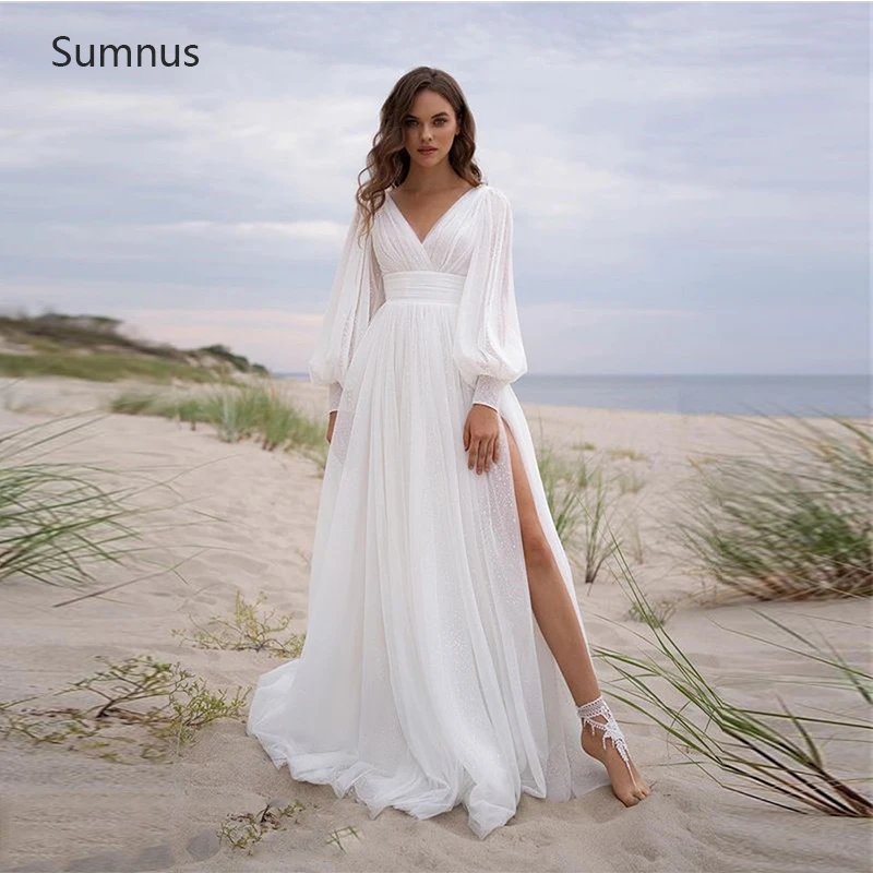 

Sumnus Beach Puff Sleeves Tulle Wedding Dresses 2022 Glitter High Slit V-Neckline Vestidos De Novia Robe De Mariée Custom Made