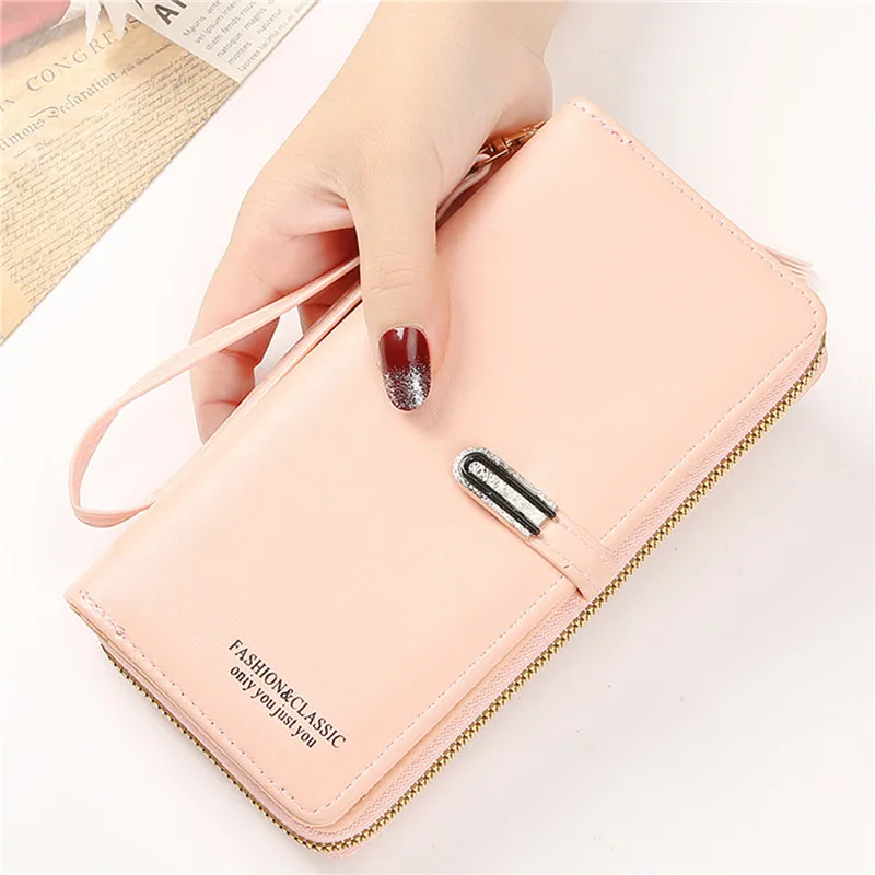 

Women Wallets PU Leather Card Holder Long Hasp Fold-over Pattern Coin Purses Solid Colors Moneybag Zipper Billfold Wallet