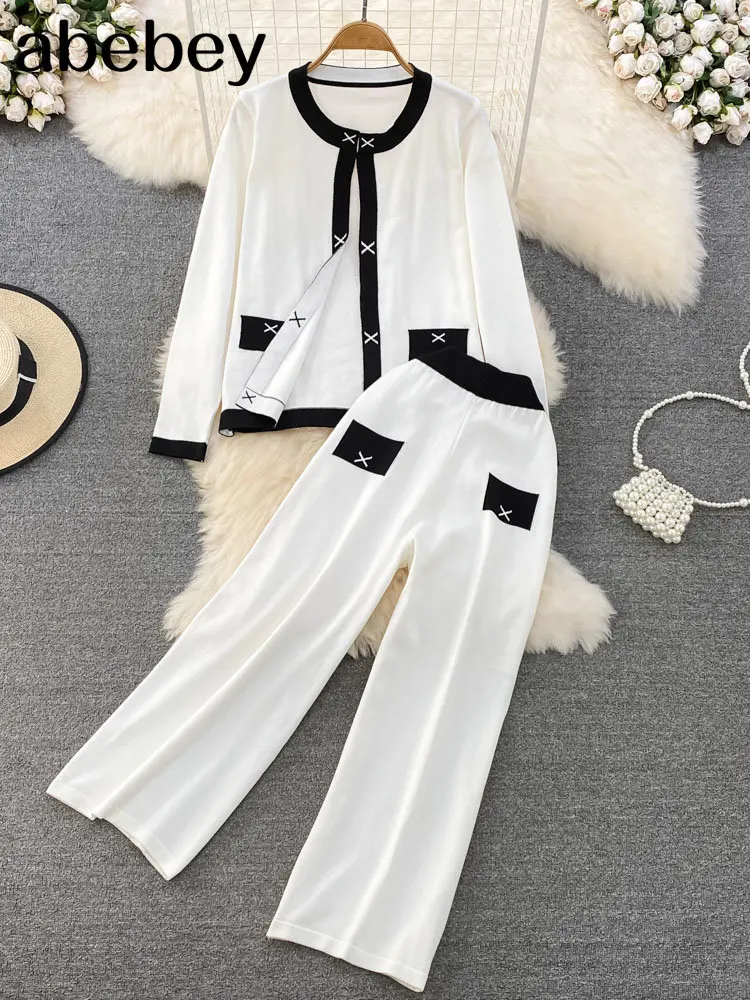 

Elegant Ladies White Outfits Women O Neck Long Sleeve Short Jacket Coat + Elastic High Waist Straight Pant Korean Two Piece Set