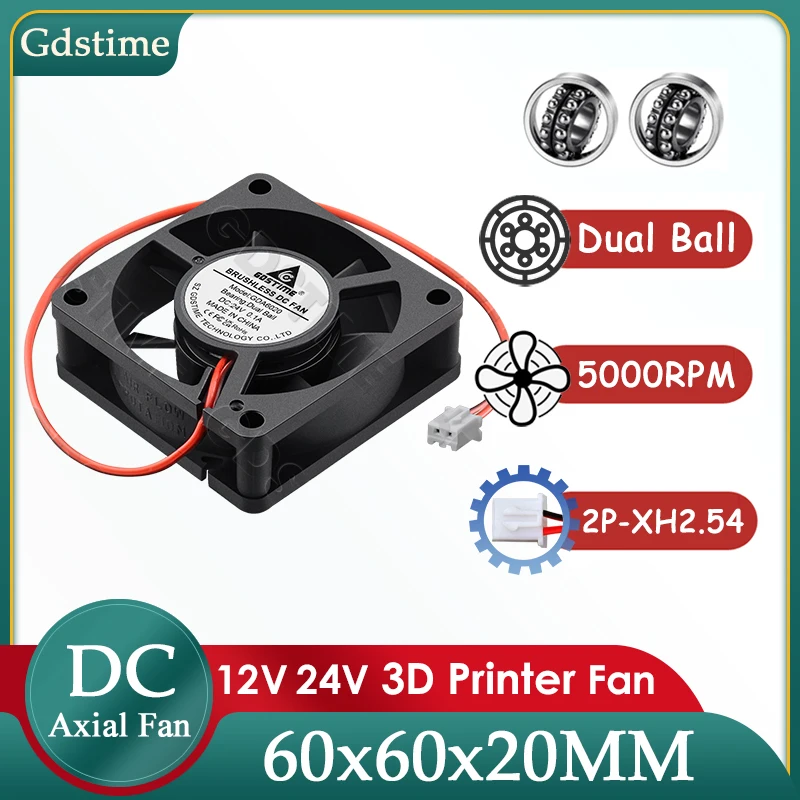 Фото Вентилятор Gdstime 6020, 24В/12В/5В DC, 60x60x20 мм, с двойным шарикоподшипником, для охлаждения 3D-принтеров и блоков питания №1