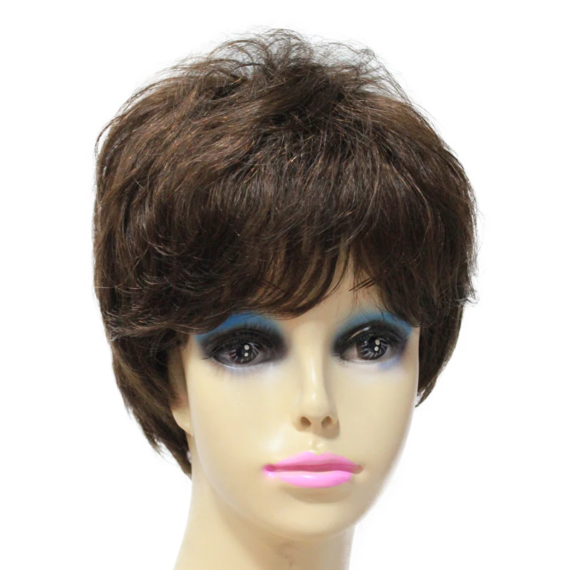 4# Brown Short Straight Chin Length 100% Real Human Hair Wig Short Full Wig for White Women