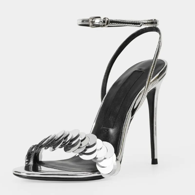 

Bling Bling Heels Silver Circular Paillette Ankle-Strap Women Summer Sandals Ope Toe Wedding Shoes Bride Gladiator Sandals