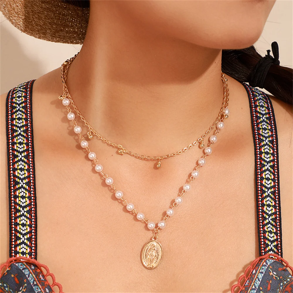

Fashion Gold Faux Pearl Chain Metal Bead Virgin Mary Portrait Coin Pendant Necklace For Women Female Vintage Multilevel Jewelry