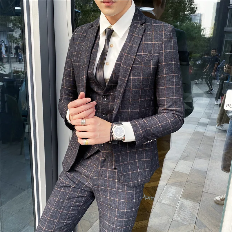 Men's business plaid suit suit autumn new Korean version slim and handsome wedding groomsmen suit three-piece suit