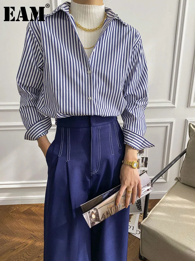 

[EAM] Повседневная Блузка в синюю полоску большого размера, новинка, женская Свободная рубашка с длинным рукавом и отворотом, модная весенне-о...