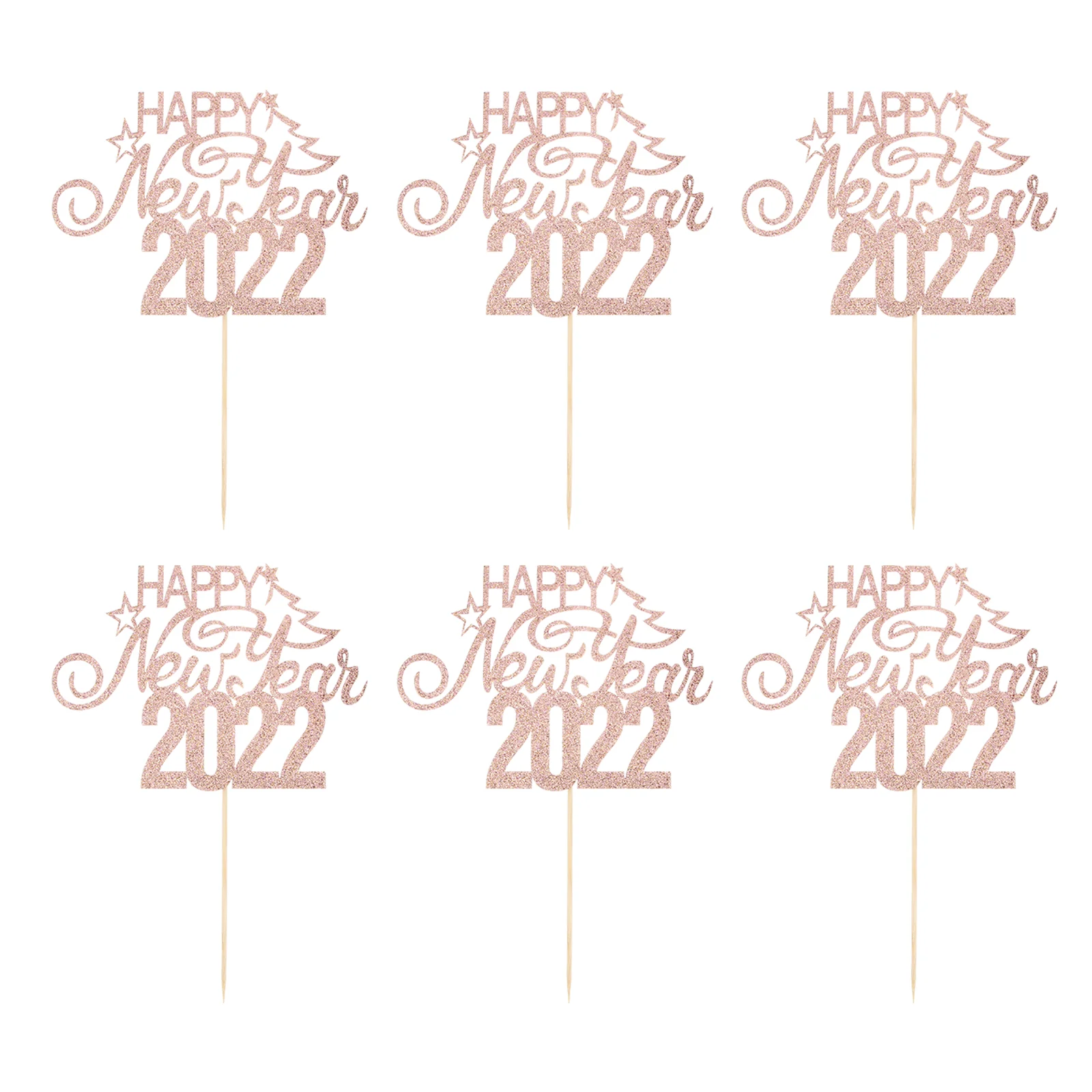 

6Pcs Happy New Year Cake Topper Rose Golden Glitter Cake Inserted Party Supplies
