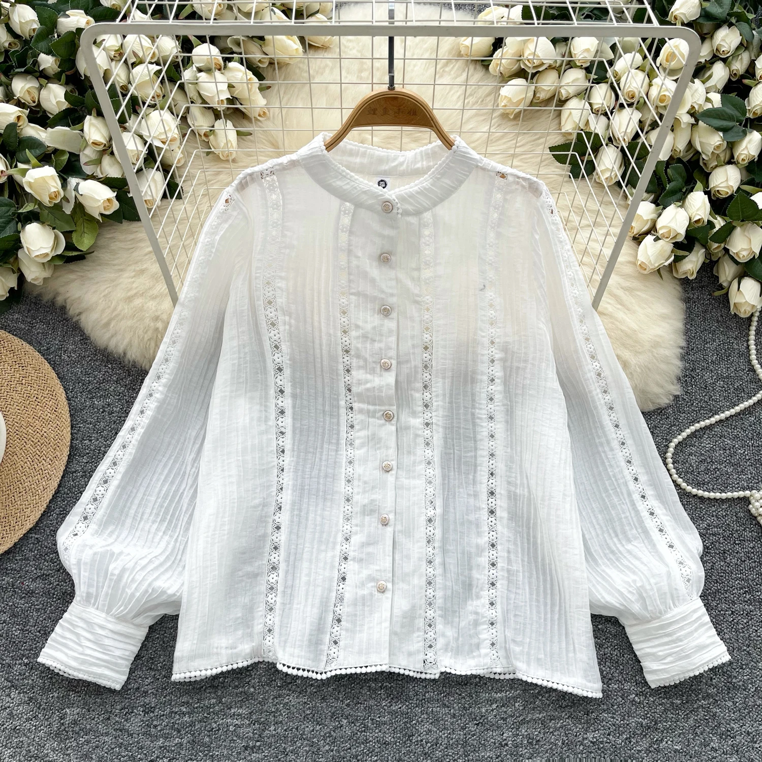 Женская ажурная блузка с воротником-стойкой Повседневная однобортная кружевом и