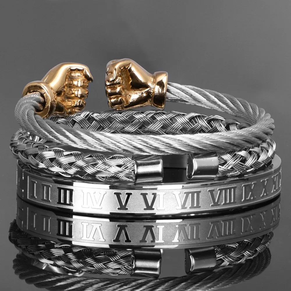 

Hip-hop Hot Selling Stainless Steel Men's Bracelet Set Punk Style Stainless Steel Fist Metal Chain Jewelry Gifts Wholesale