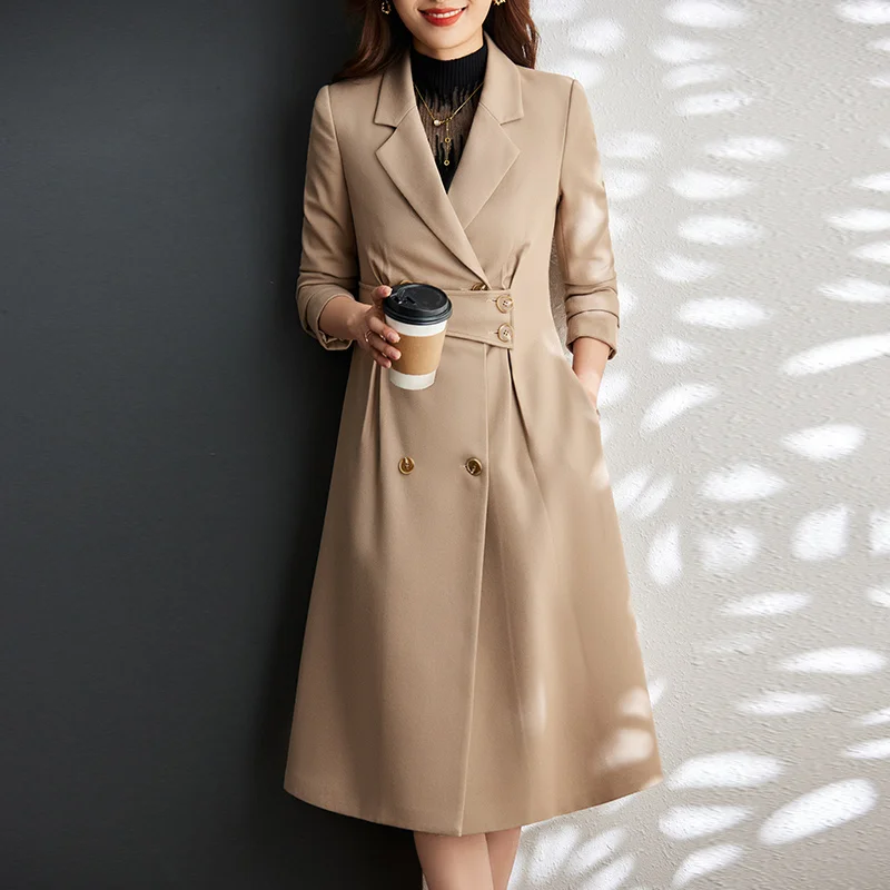 2022Autumn Winter  Korean Women Trench Blazer Coat  Elegant Double Breasted Lengthened Jacket Lapel Windbreaker（Excluding Skirt）