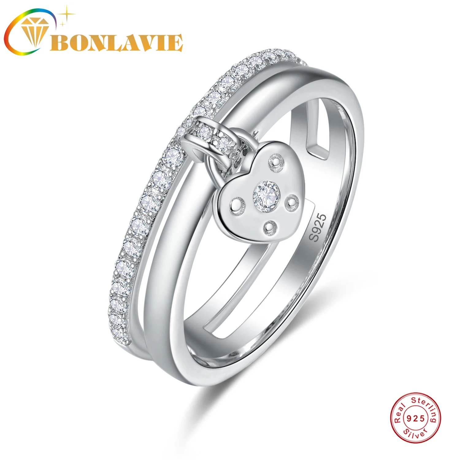 

BONLAVIE Hollow Ring Face Heart-shaped Lock Pendant Zircon Ring Wedding Ring for Women 925 Jewelry Crystal Rings