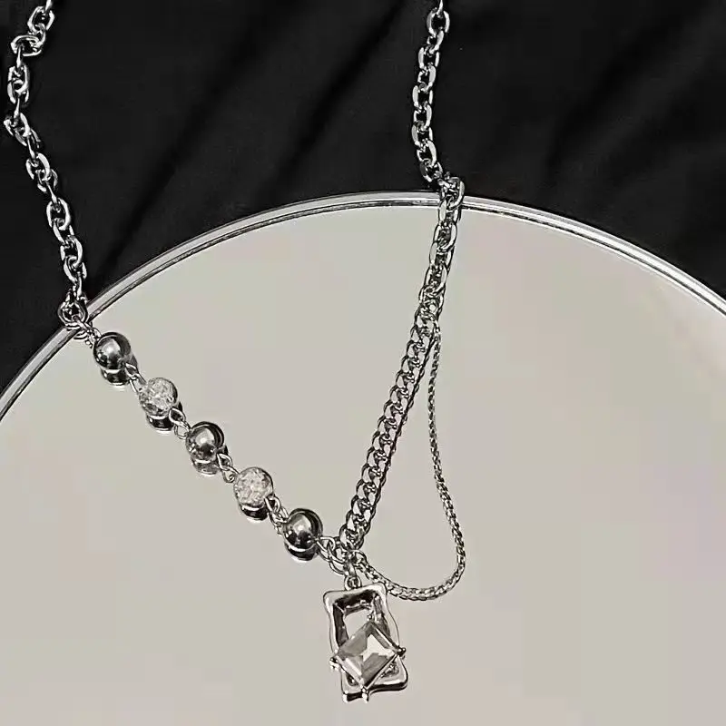 

Fashionable Korean Style Silver Color Necklaces for Women Block Pendant Broken Beads Party Holiday Jewelry for Girls Gift