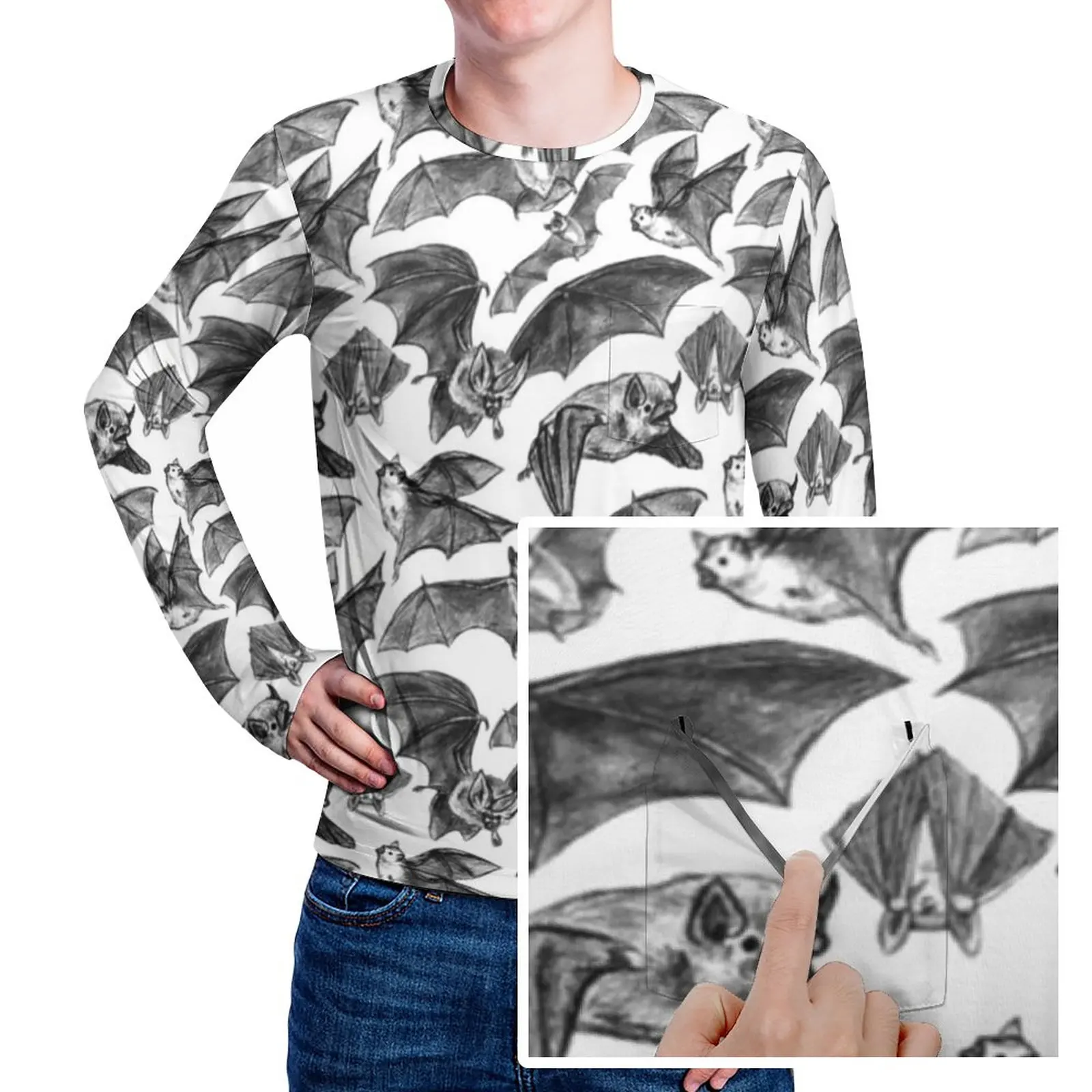 

Bat Pattern T-Shirt Spooky Flying Bats Men Trending T-Shirts With Pocket Daily Printed Tee Shirt Long Sleeve EMO Oversize Gift