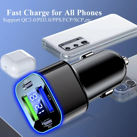 Автомобильное зарядное устройство с двумя PD 30 Вт USB C, адаптер 4 в 1, супер быстрая зарядка для iPhone 15 Pro Max 14 Plus Samsung Huawei Oneplus OPPO Vivo