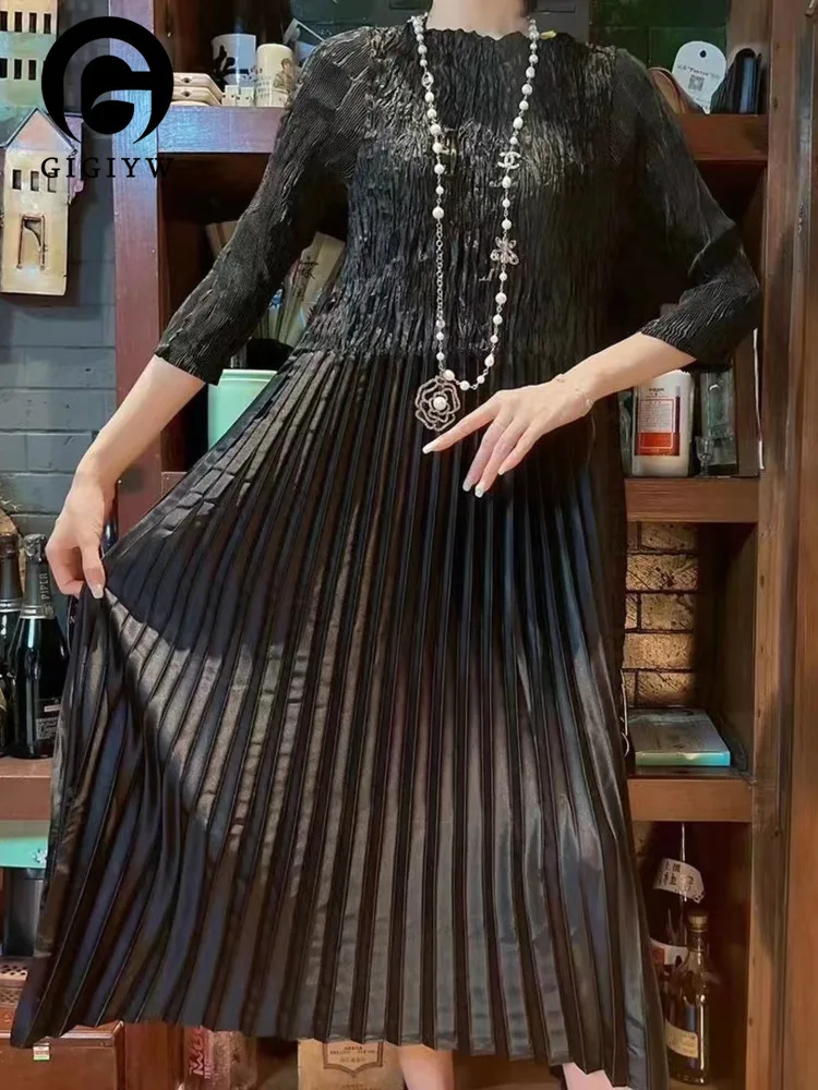 

Женское осеннее плиссированное платье GIGIYW, новинка 2022 года, модное высококачественное большое тонкое черное мягкое платье миди с вышивкой, роскошное платье для зимы ZZ119