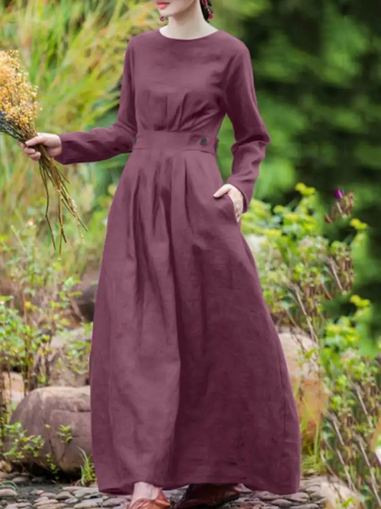 

ZANZEA Vintage Women Long Sleeve Sundress Casual Kaftan Vestidos Robe Femme Solid Maxi Dress Spring Loose Holiday Cotton Dresses