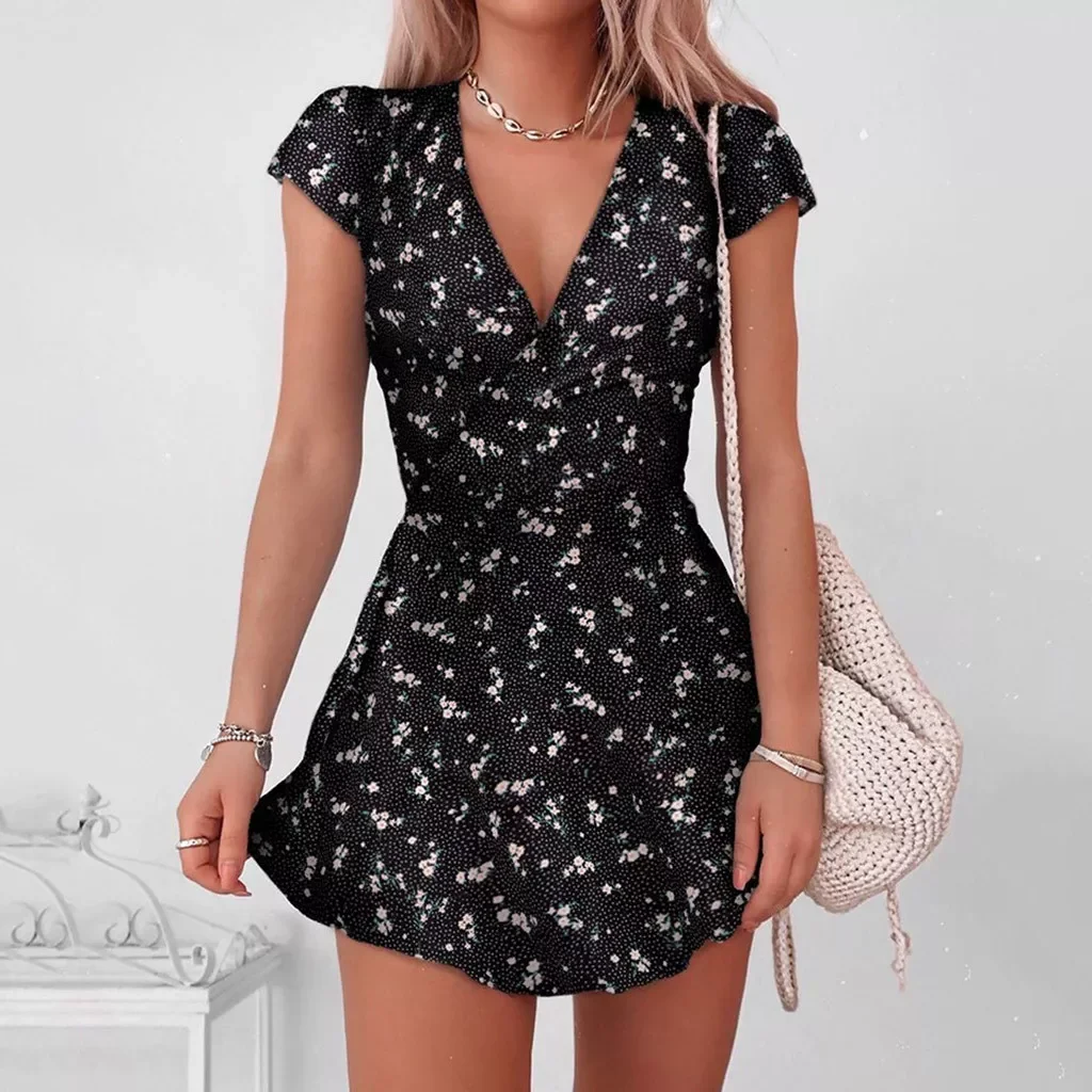 

2022NEW Summer Dress V-neck Boho Dresses Short Sleeve Floral Print Party Mini Dress Female Beach Dresses Sundress Vestidos 2022