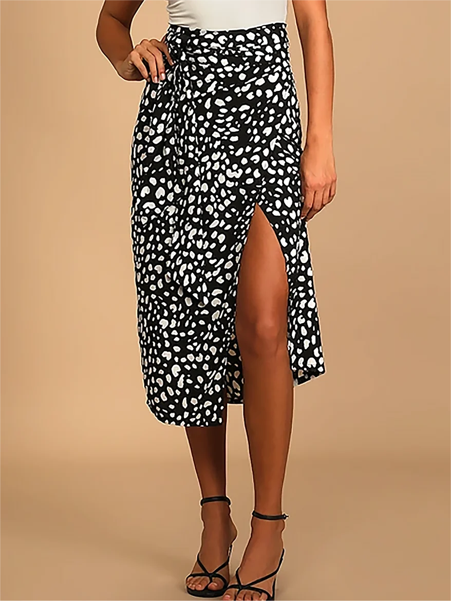 

Black Boho Leopard Print Front Slit Long Skirts For Women 2022 Lace Up Knotted A-Line Wrap Casual Fashion Spring Midi Dress
