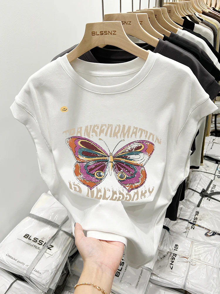 American vintage Shoulder Sleeveless T-shirt Women's Short Sleeve Summer Design Sense Waistcoat Small Flng...